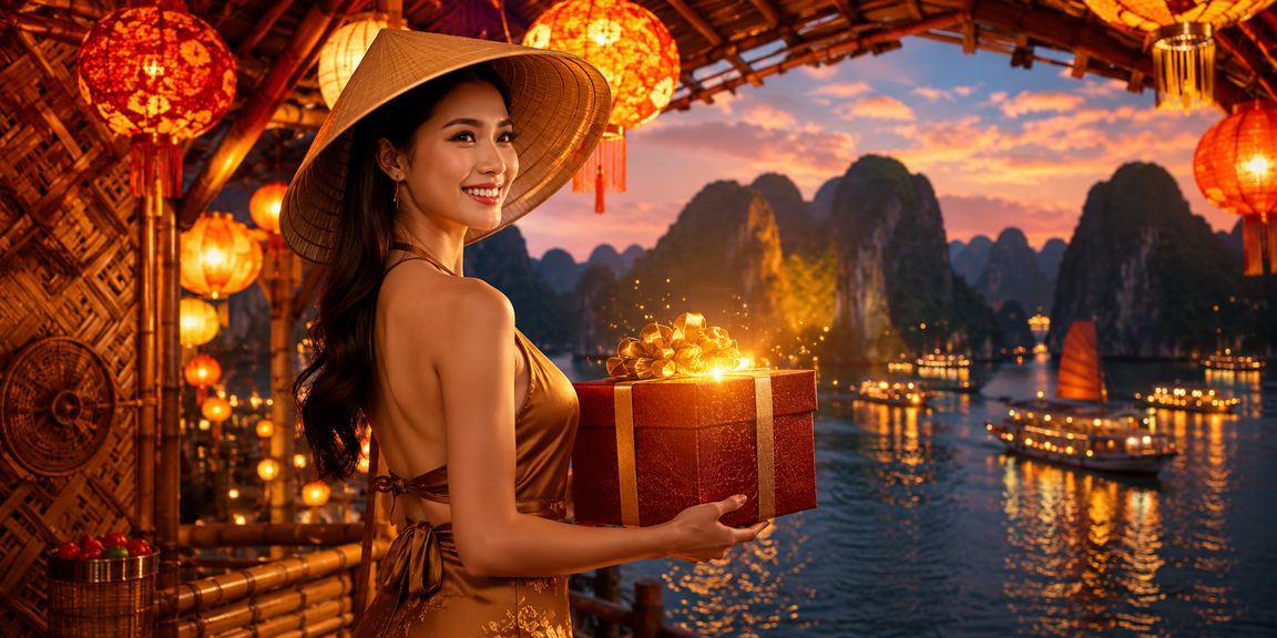 Khung cảnh vịnh Hạ Long lãng mạn với người chơi casino trải nghiệm cá cược trực tuyến trên du thuyền sang trọng